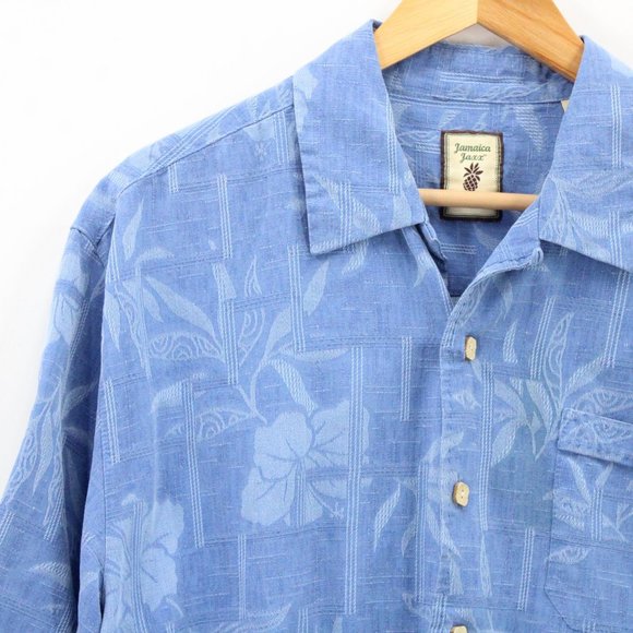 Vintage Jamaica Jaxx Hawaiian Silk Shirt Mens Blue Button Down Collared Large L - Picture 3 of 9
